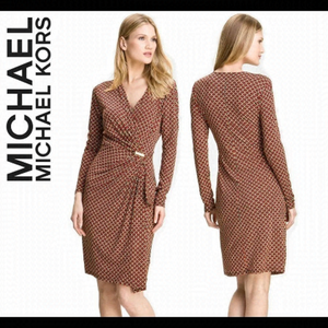 Michael Michael Kors red chain link long sleeve Print Faux Wrap Dress Sz XS